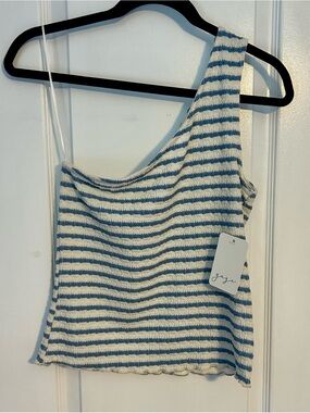 GAZE NWT Women's Chic One-Shoulder White & Blue Striped Stretchy Top -Size Large
